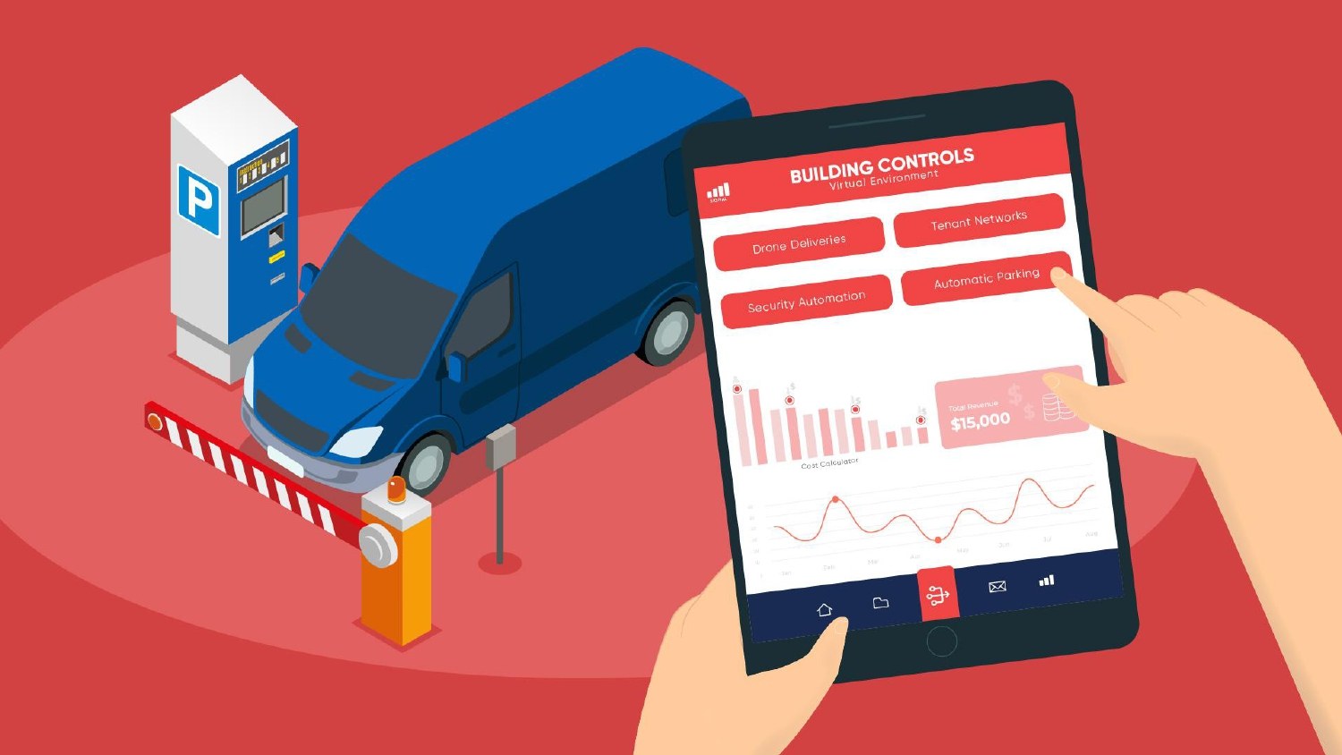 Illustrated storyboard frame: tablet Building Controls menu in front of a delivery van at an automatic parking barrier