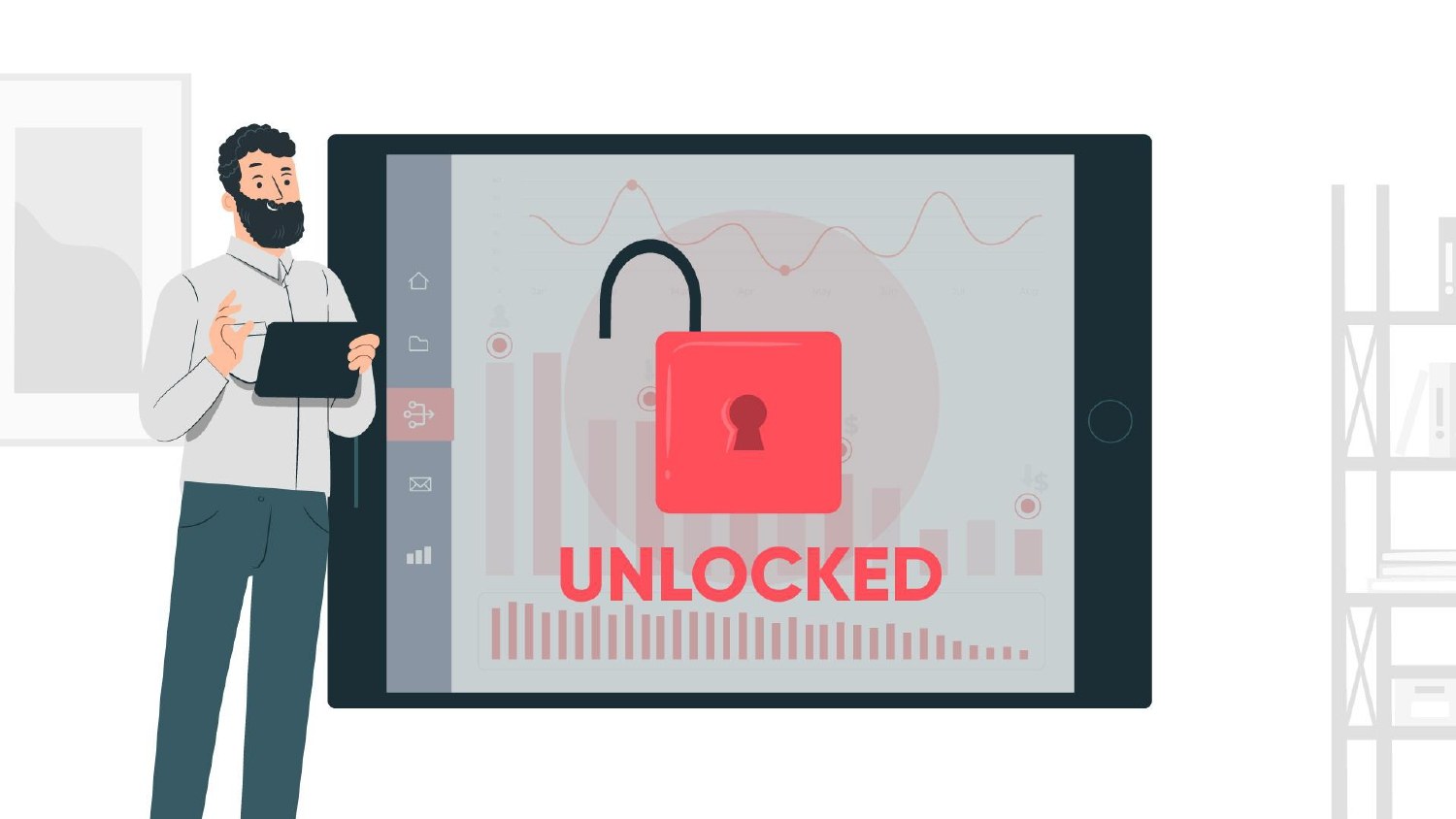 Illustrated storyboard frame: presenter beside a large tablet showing an open red padlock and the word UNLOCKED